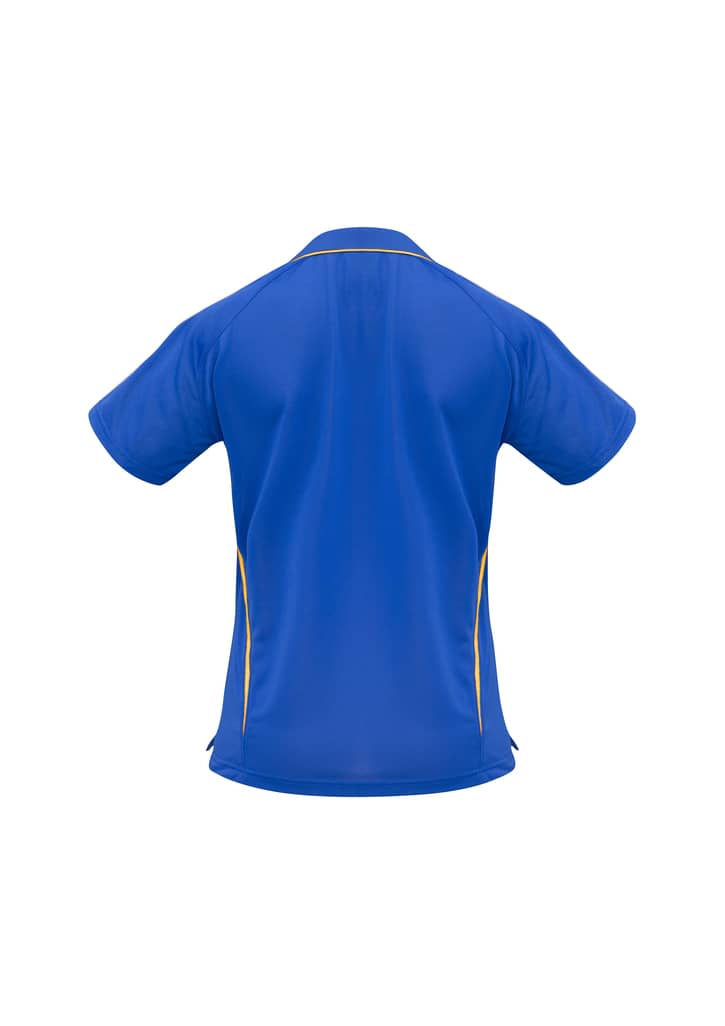 A blue polo shirt with yellow accents, featuring a logo on the back. Short sleeves and a collar complete the design.