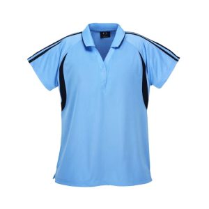 A blue polo shirt featuring black side panels and a collar. The shirt has a logo on the front.