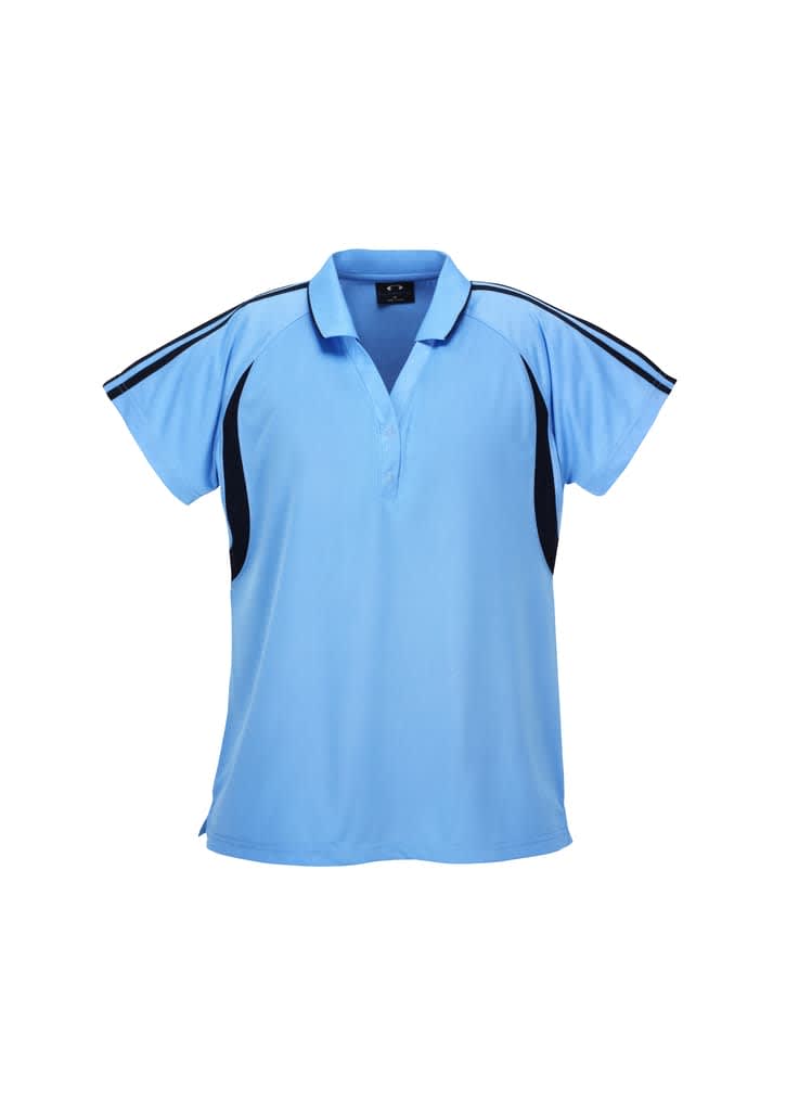 A blue polo shirt featuring black side panels and a collar. The shirt has a logo on the front.