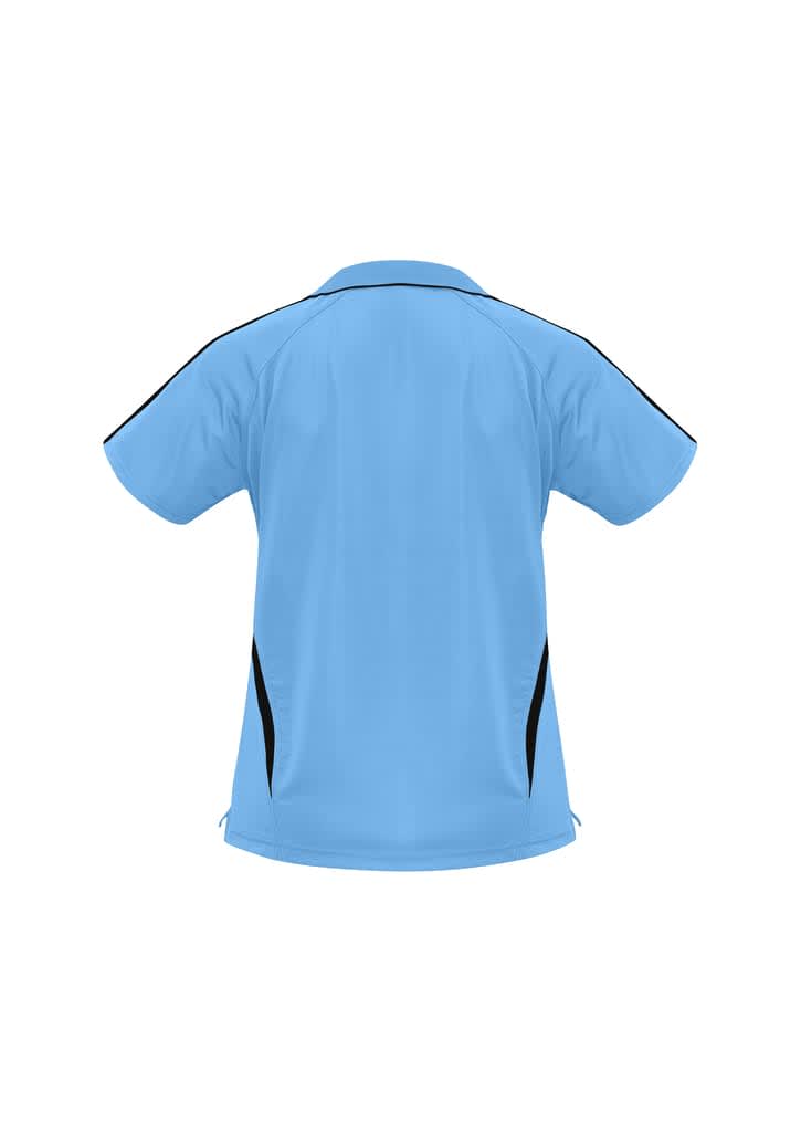 A blue polo shirt featuring black side accents and a logo.