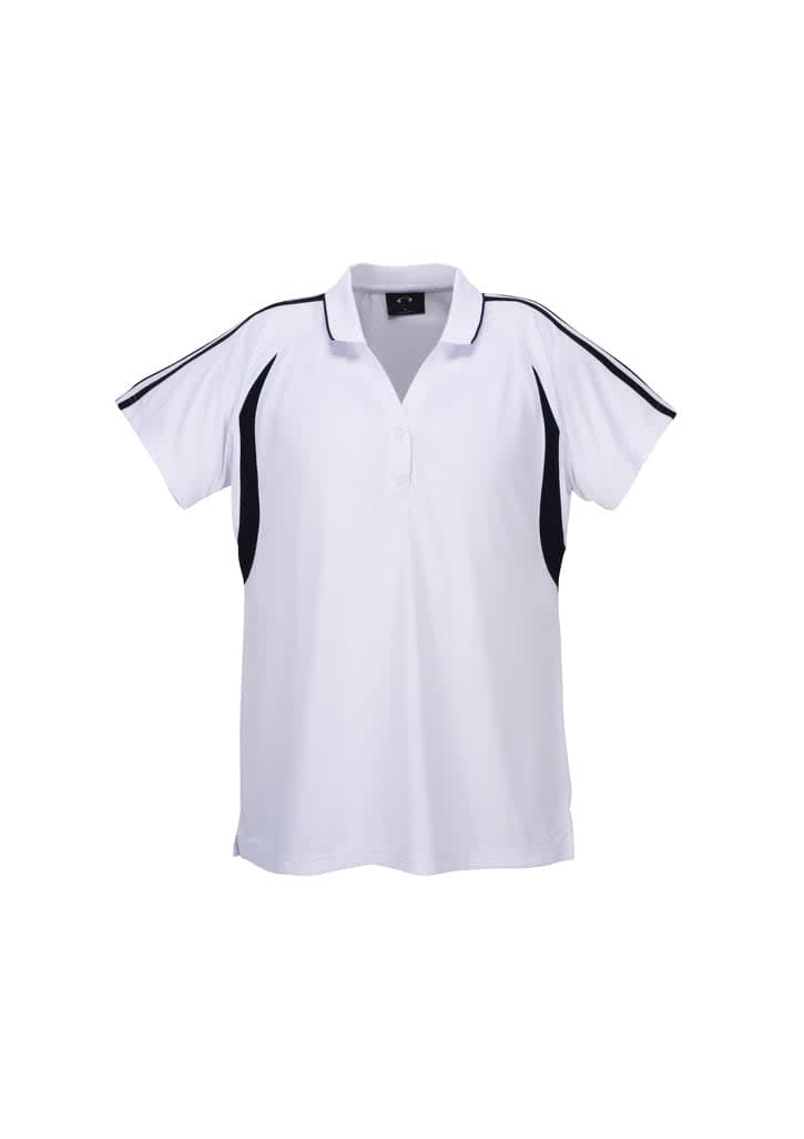 A white polo shirt with black side panels and a collar, featuring a logo on the chest.
