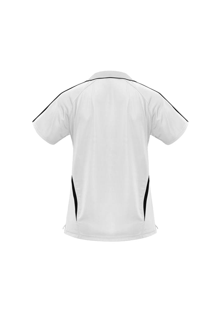 A white polo shirt featuring black accents and a logo, designed for women.
