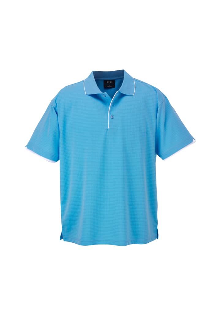 A blue short sleeve polo shirt with a collar and contrasting trim, featuring a logo on the chest.