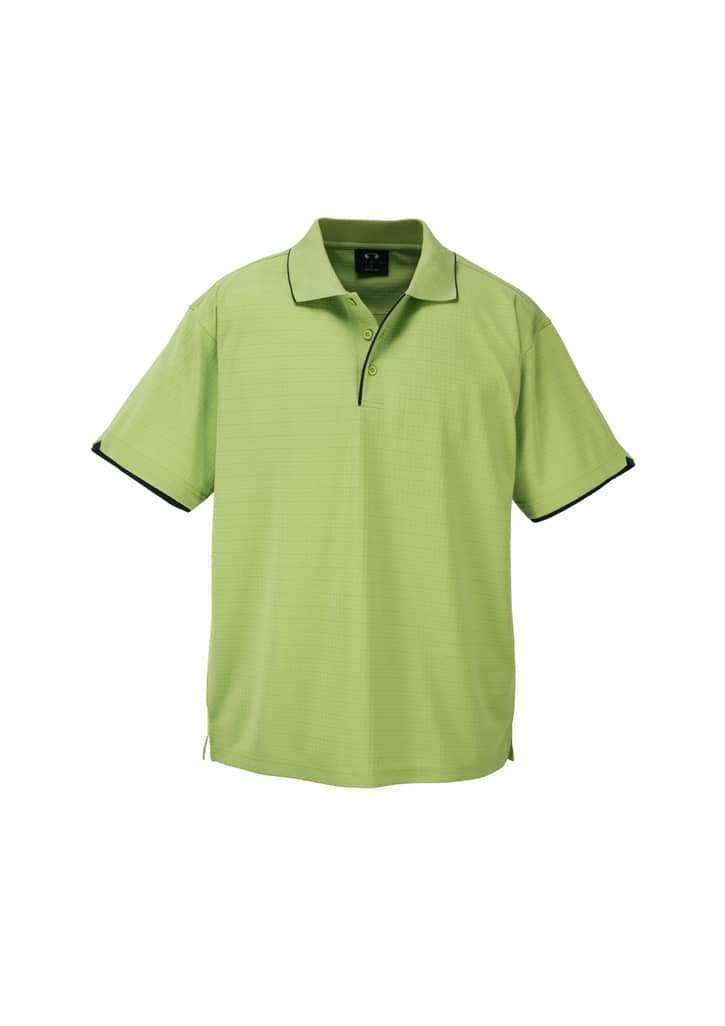 A green men's short sleeve polo shirt with a contrasting black collar and accents, featuring a logo.