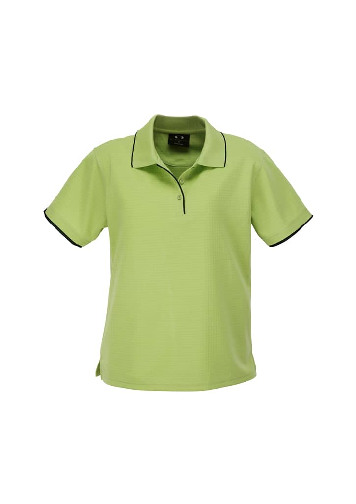 A short-sleeve polo shirt in vibrant lime green with black piping and a collar. It features a logo on the chest.