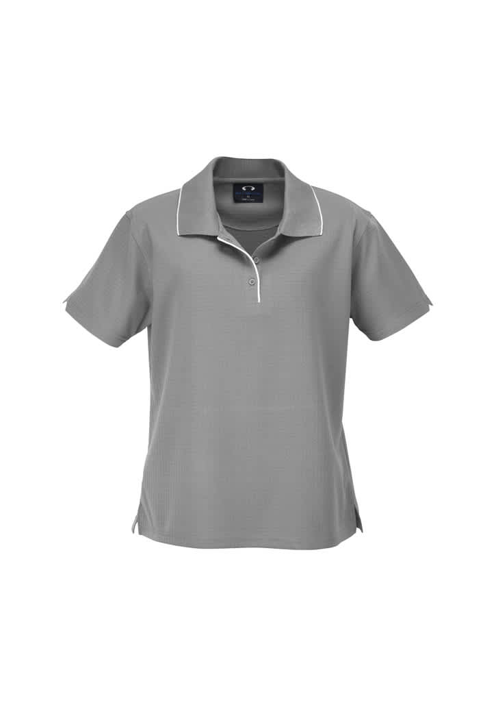 A grey women's short sleeve polo shirt with a contrasting collar and a logo.