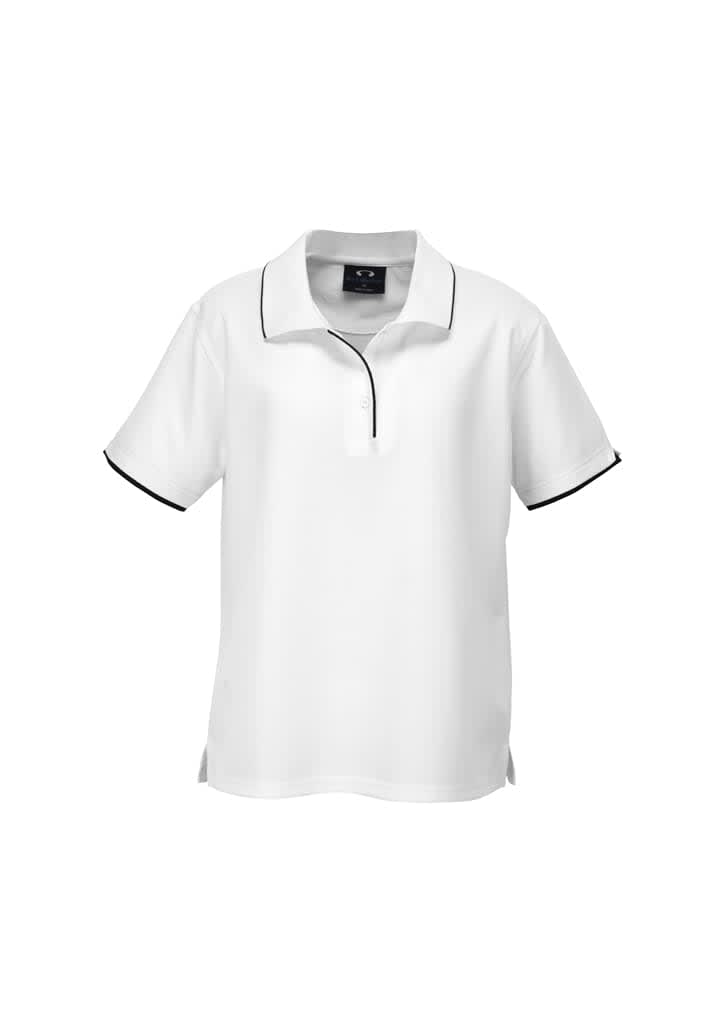 A white women's short sleeve polo shirt with contrasting black trim and a logo on the chest.