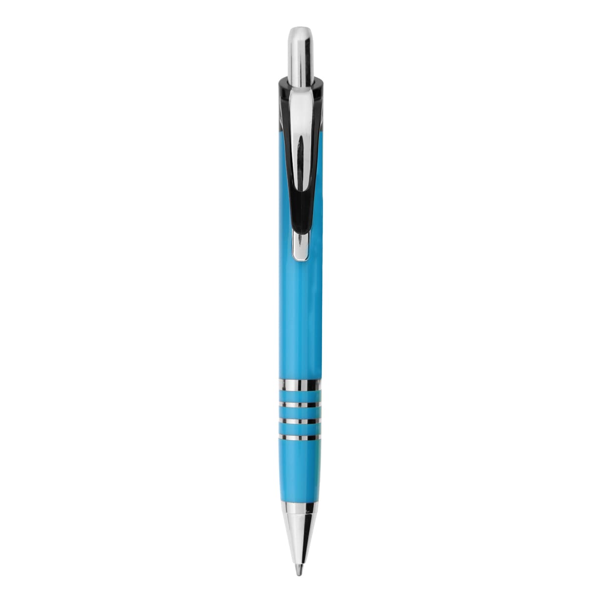 A metal pen in a bright blue hue, featuring a chrome clip and decorative silver rings. It has a branding logo.