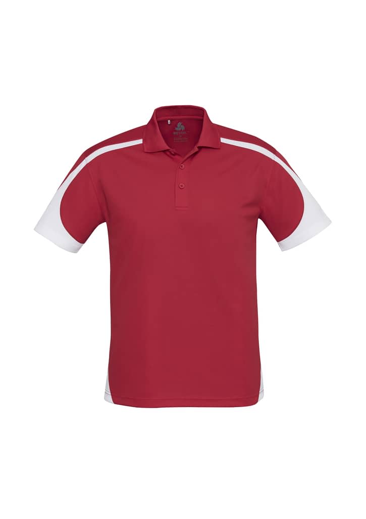 A red short sleeve polo shirt with white accents and a logo on the chest.