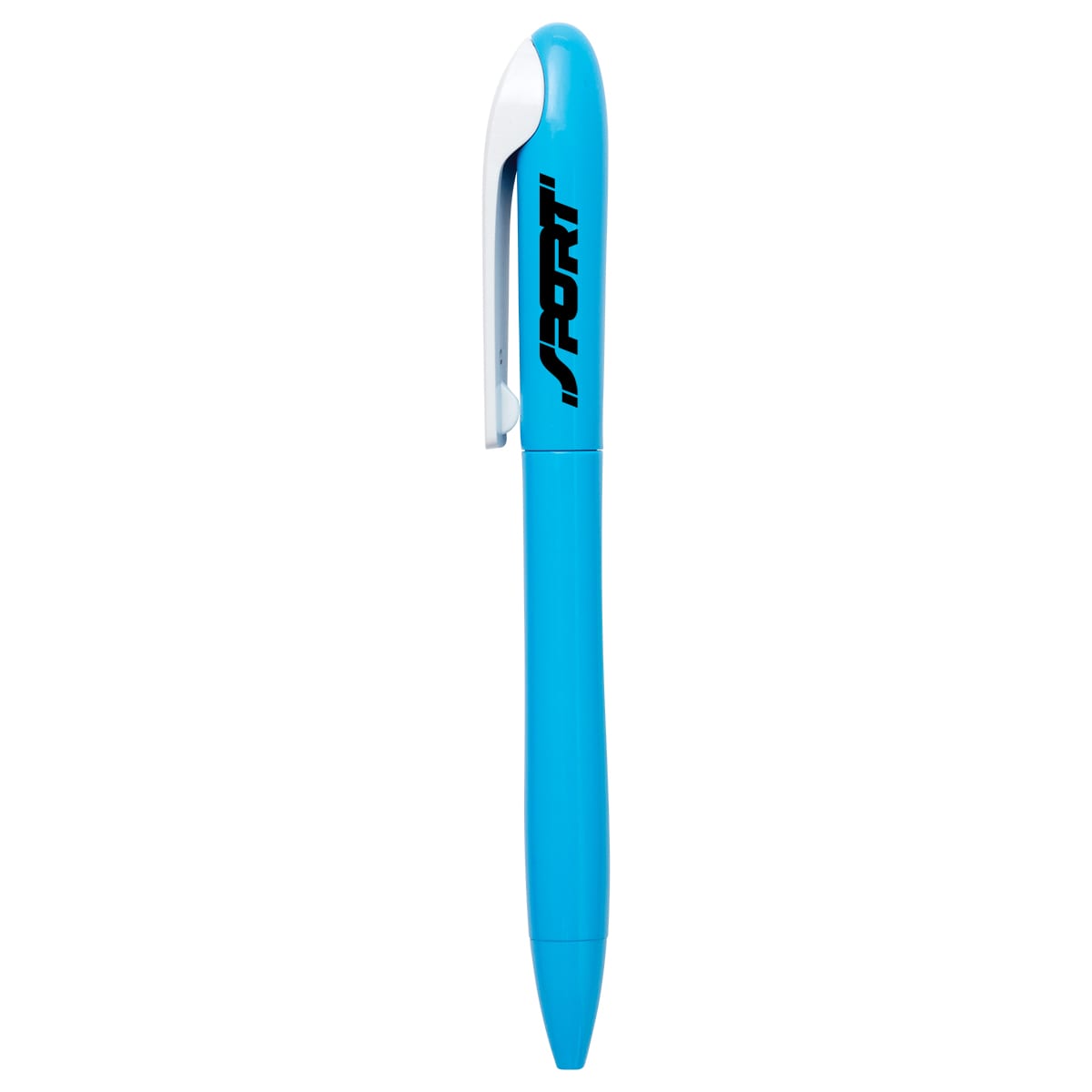 A blue plastic pen with a white clip and branding on the barrel.