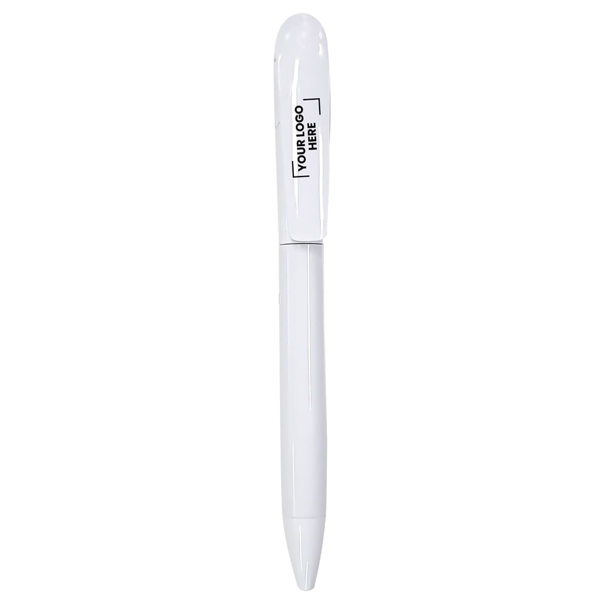 A plastic pen in white featuring a branding area on the barrel.