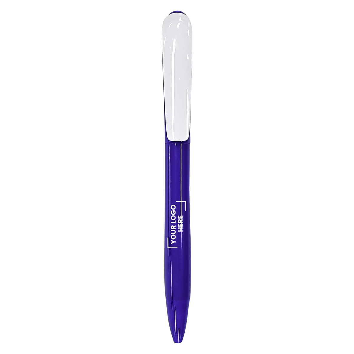 A purple plastic pen with a white cap and an area for a logo.