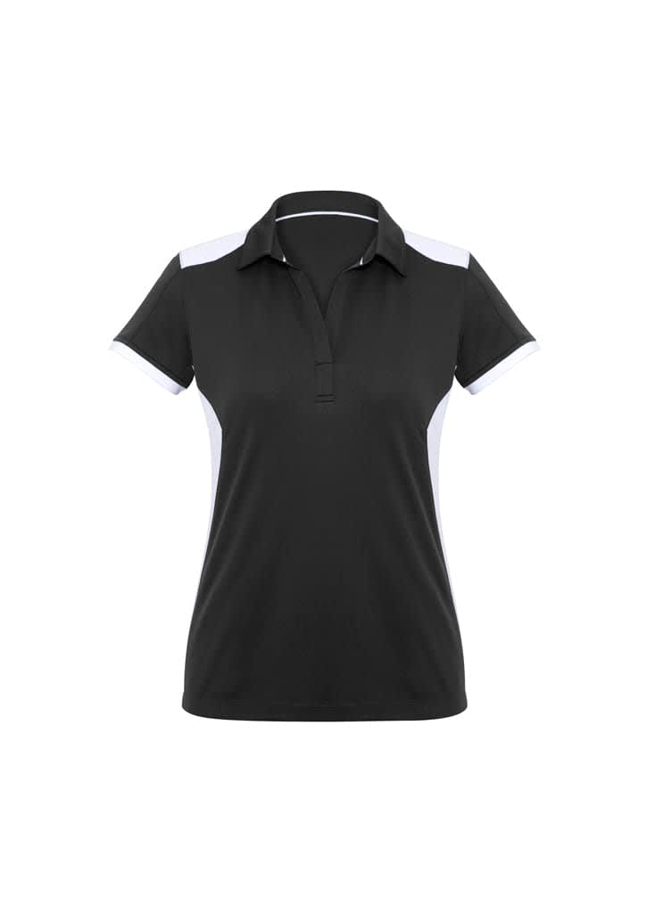 A black women's polo shirt featuring white accents and a collar, with a logo on the front.