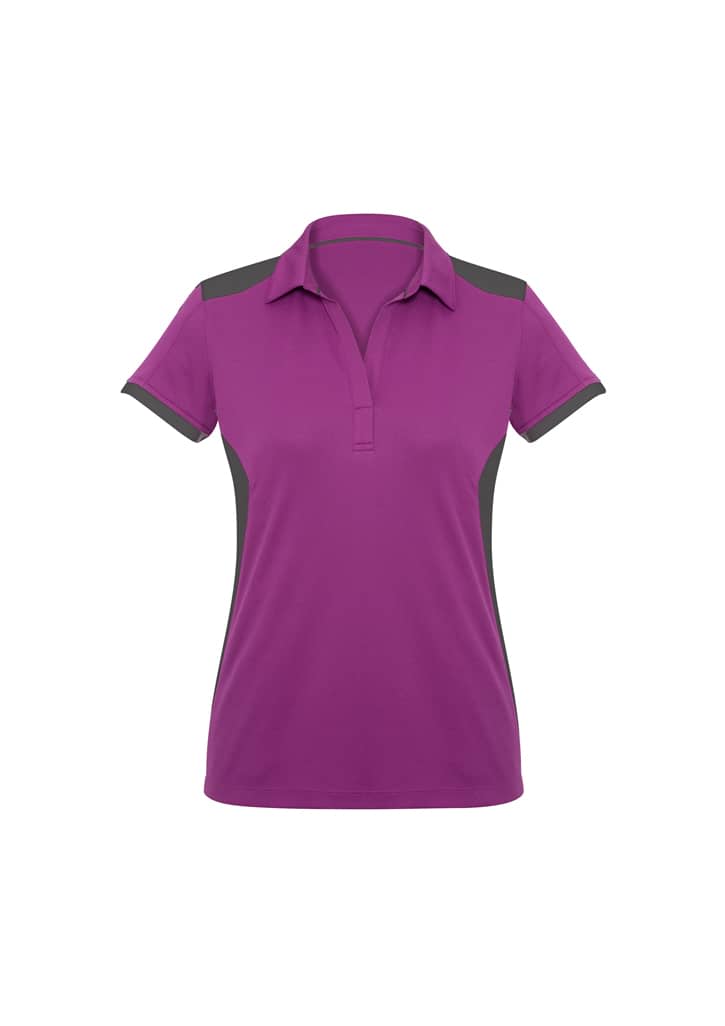 A purple women's polo shirt with black accents and a collar, featuring a logo on the side.