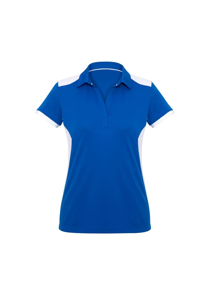 A blue women’s polo shirt with white accents and a collar. It features a logo on one side.