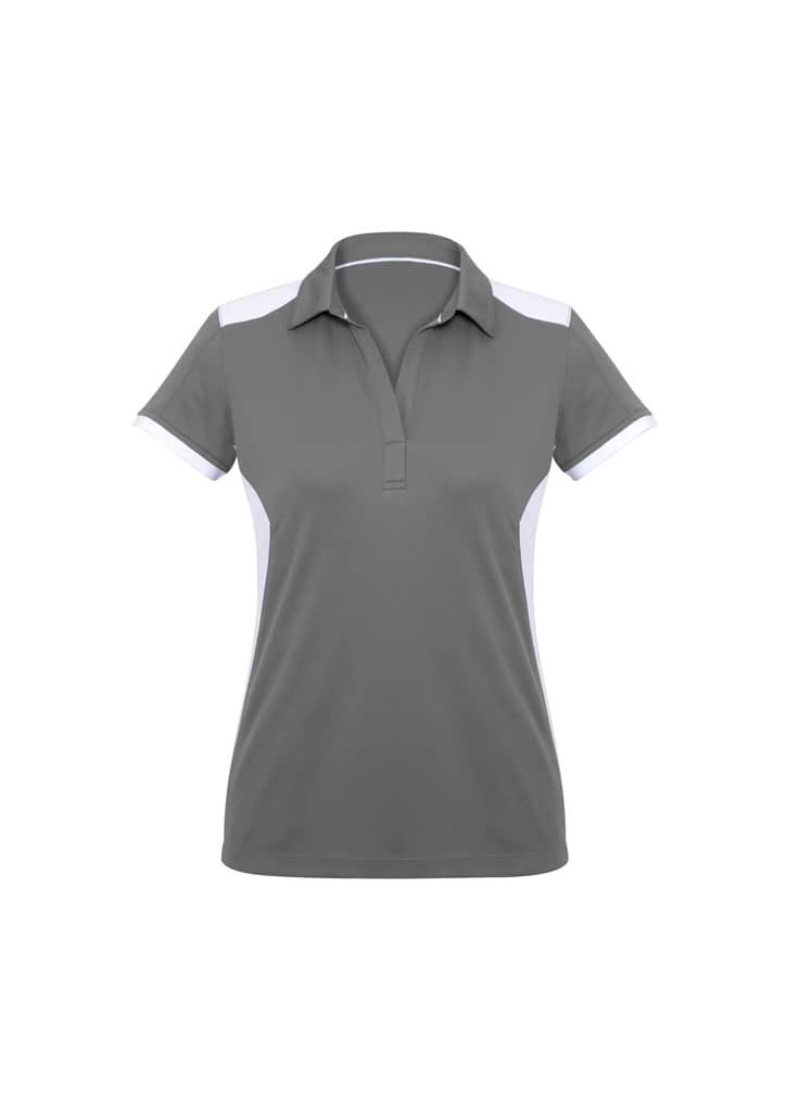A grey women's polo shirt with white accents and a collar, featuring a logo on the left side.