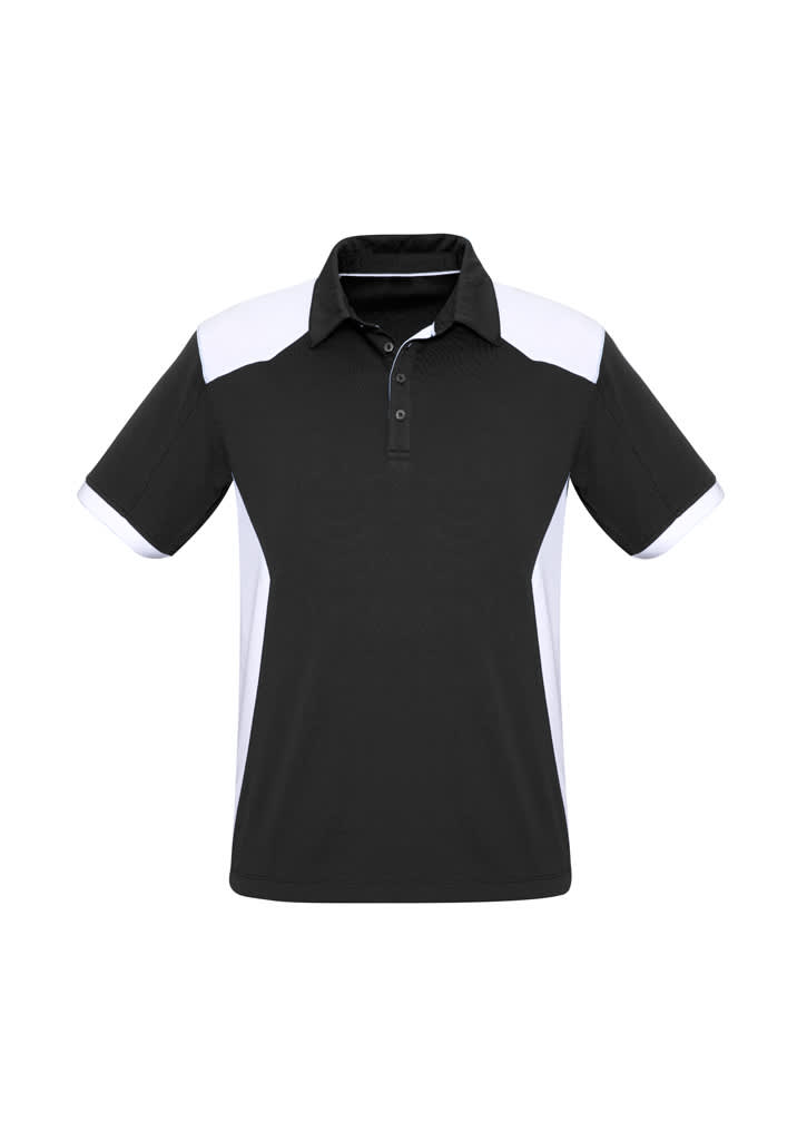A black and white short sleeve polo shirt featuring a collar and a logo.