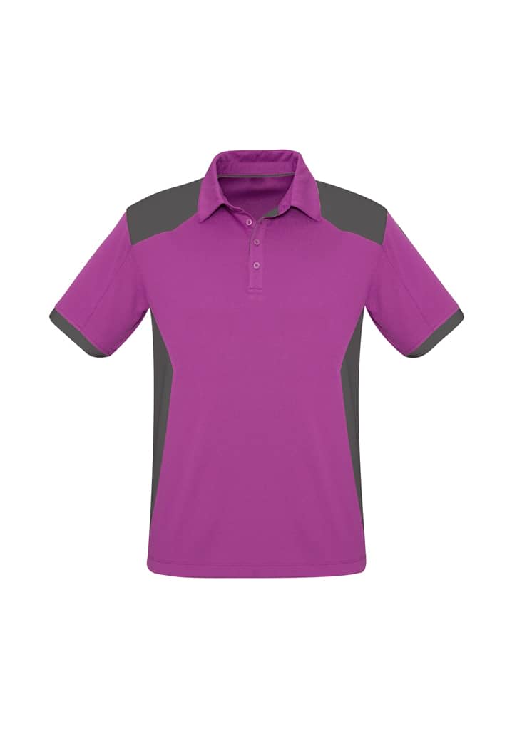 A purple and grey men's polo shirt with a collar and short sleeves, featuring a logo.