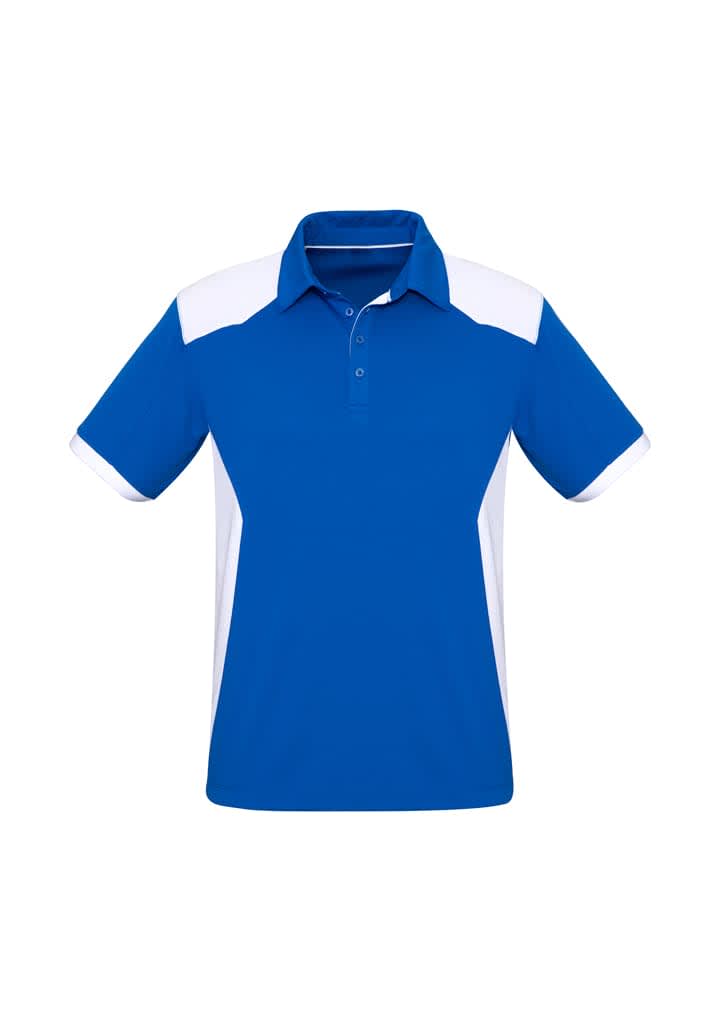 A blue short sleeve polo shirt with white accents and a collar, featuring a logo on the chest.
