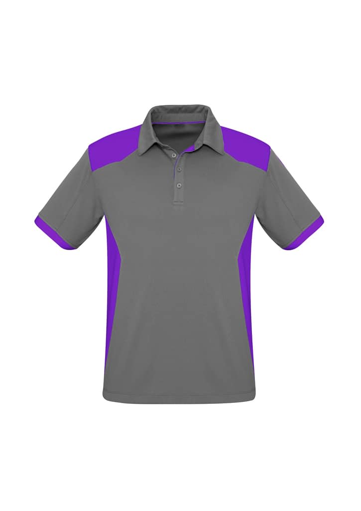 Men's short sleeve polo in grey with purple detailing and a collar, featuring a logo.