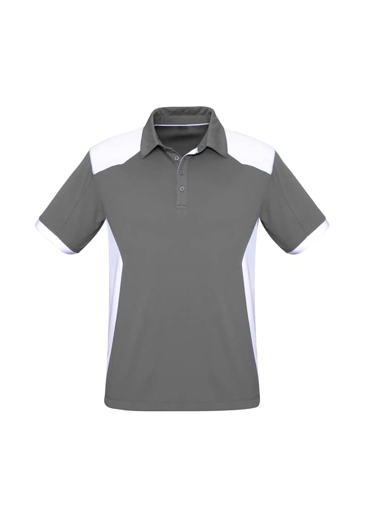A grey and white short sleeve polo shirt featuring a collar and a logo.