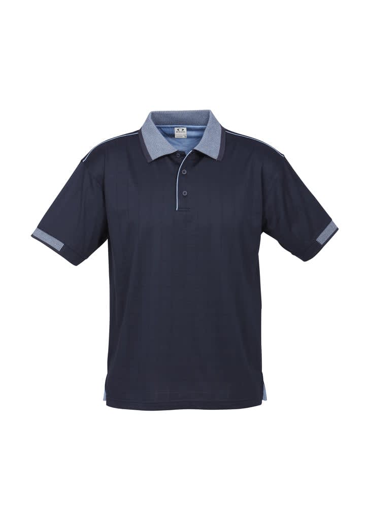 A navy blue short sleeve polo shirt with a contrasting blue collar and detailing, featuring a logo.