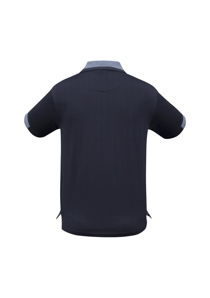 A men's short sleeve polo shirt in dark navy with a contrasting collar and sleeve details. Features a logo.