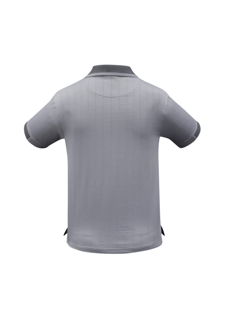 A grey men's short sleeve polo shirt with a collar and contrasting details on the sleeves, featuring a logo.