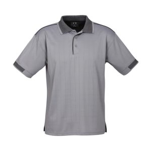 A grey short sleeve polo shirt with contrasting details and a logo. Suitable for casual or semi-formal wear.
