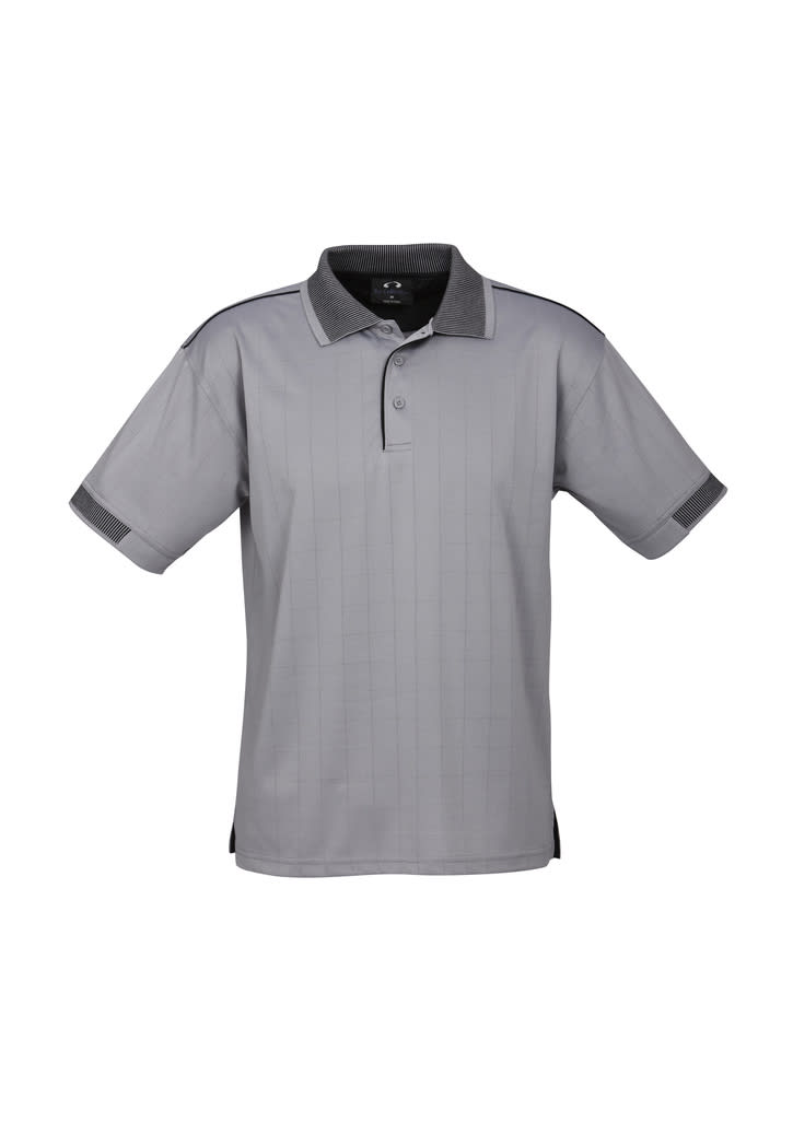 A grey short sleeve polo shirt with contrasting details and a logo. Suitable for casual or semi-formal wear.
