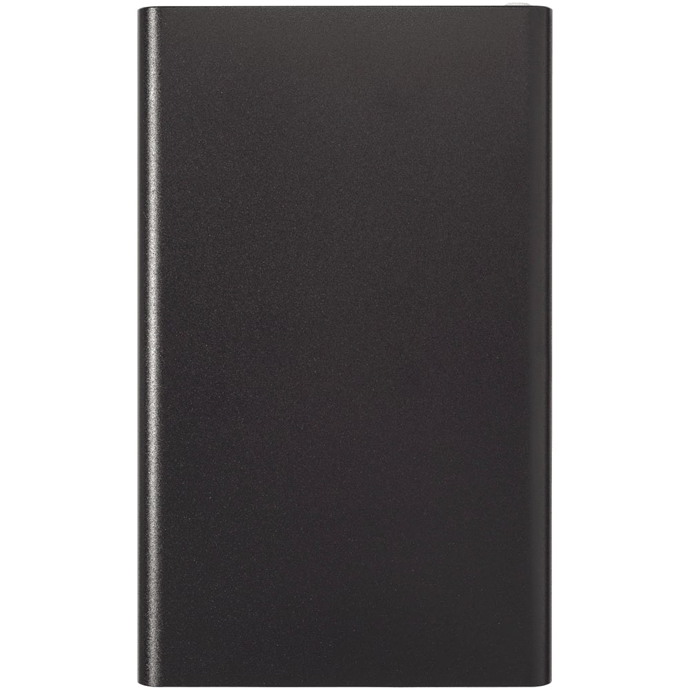 A sleek black powerbank charger with a smooth finish and a minimalistic design. It features a logo on the surface.