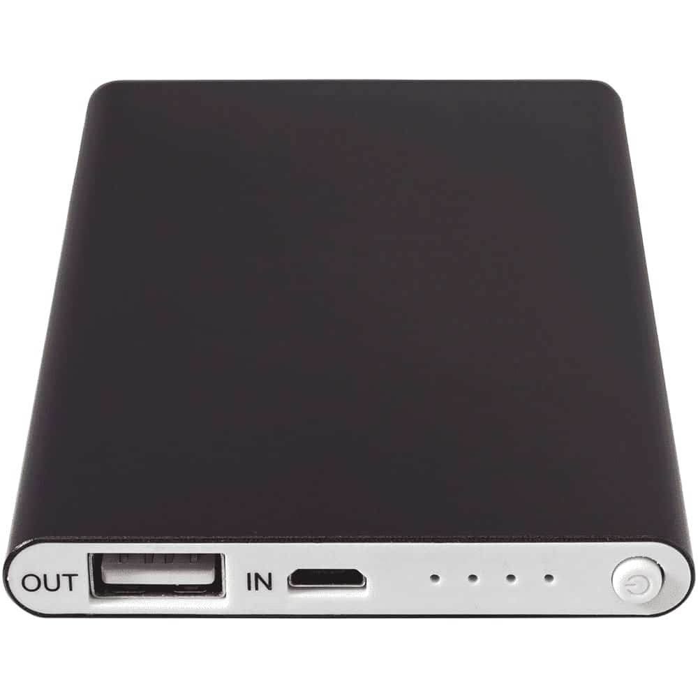 A black 4000 mAh power bank charger with USB ports and indicator lights, featuring a minimalist design.