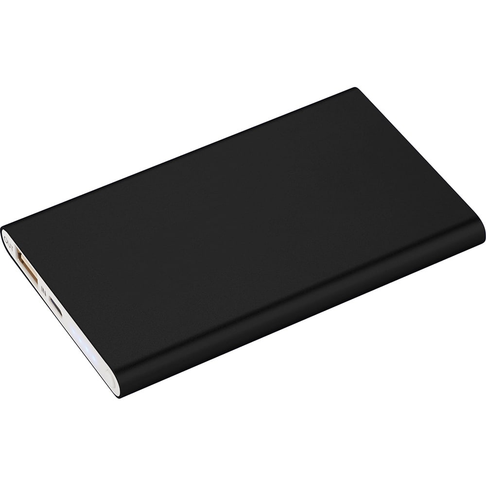 A black 4000 mAh powerbank charger with one USB port and a sleek design. It features a logo on the side.