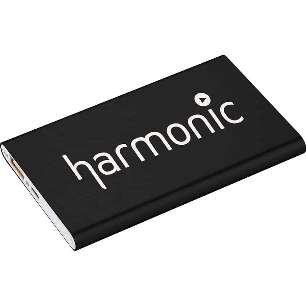 A black powerbank charger with a sleek design and a logo on the surface.