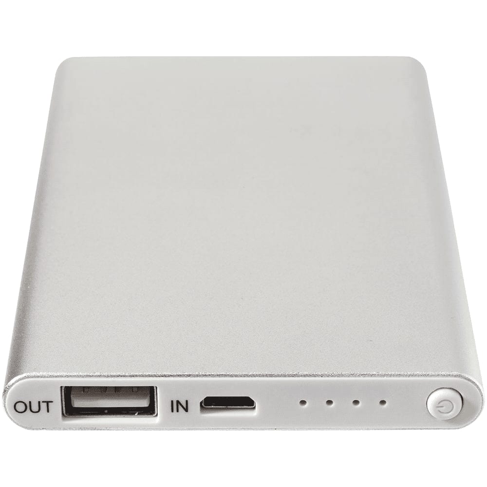 A silver 4000 mAh powerbank charger with USB input and output ports, featuring indicator lights and a logo.