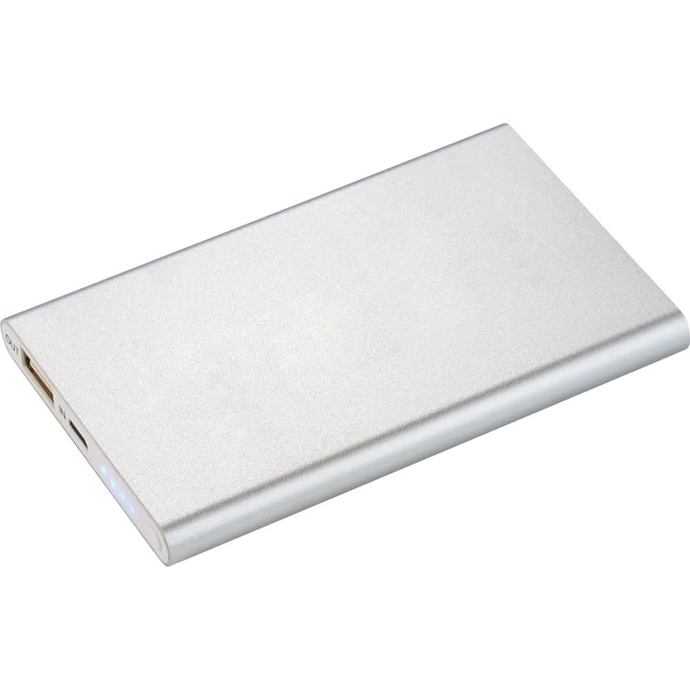 A silver powerbank charger with a sleek design, featuring one USB port and a logo on the surface.