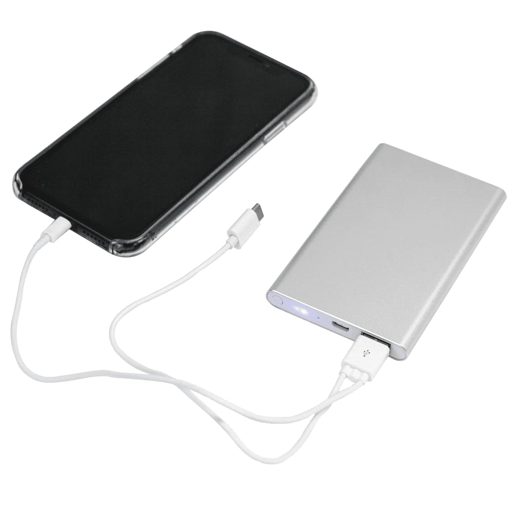 A silver 4000 mAh powerbank charger connected to a smartphone with a white charging cable.