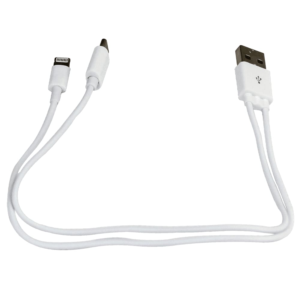 A white USB charging cable with two connectors, designed for compatibility with multiple devices.
