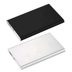 A black and silver 4000 mAh powerbank charger with a sleek design and multiple USB ports.