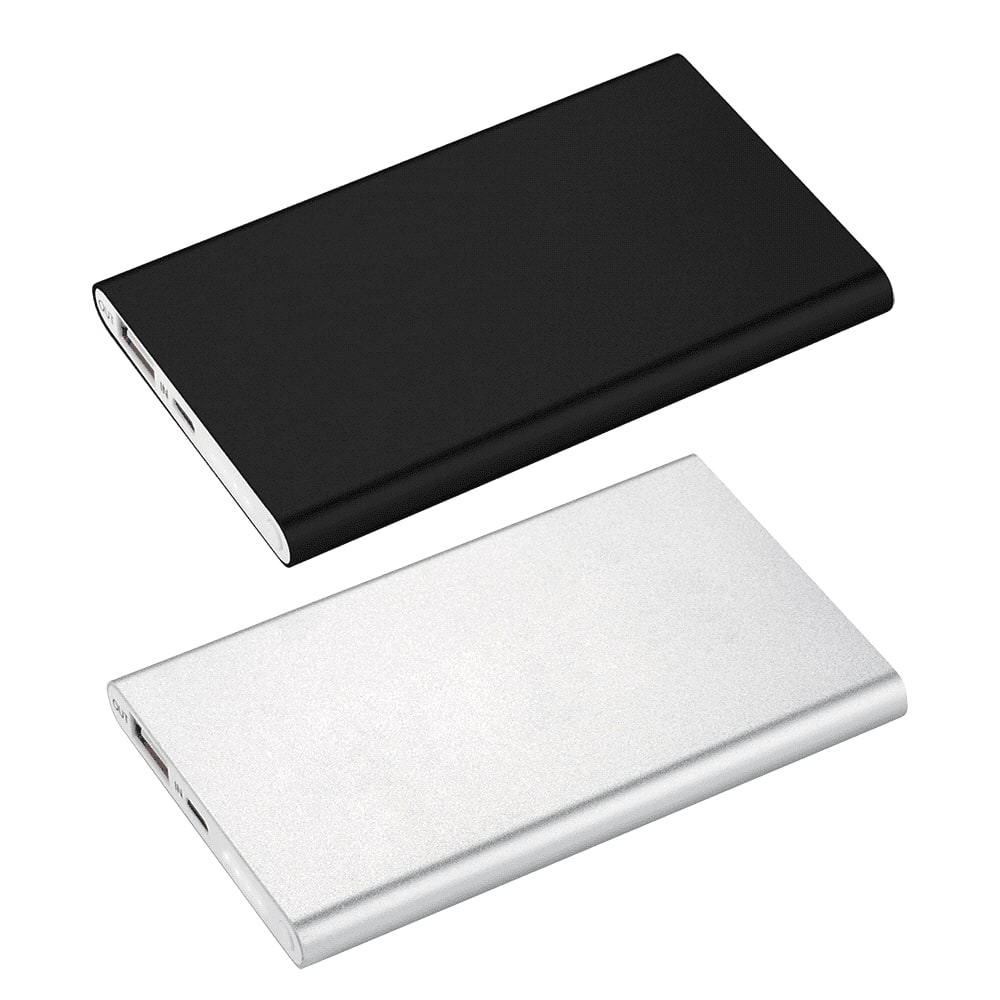 A black and silver 4000 mAh powerbank charger with a sleek design and multiple USB ports.