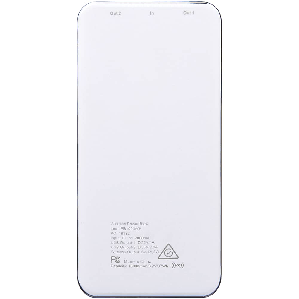 A white wireless power bank with a display, featuring USB output and input ports, and a logo on the surface.