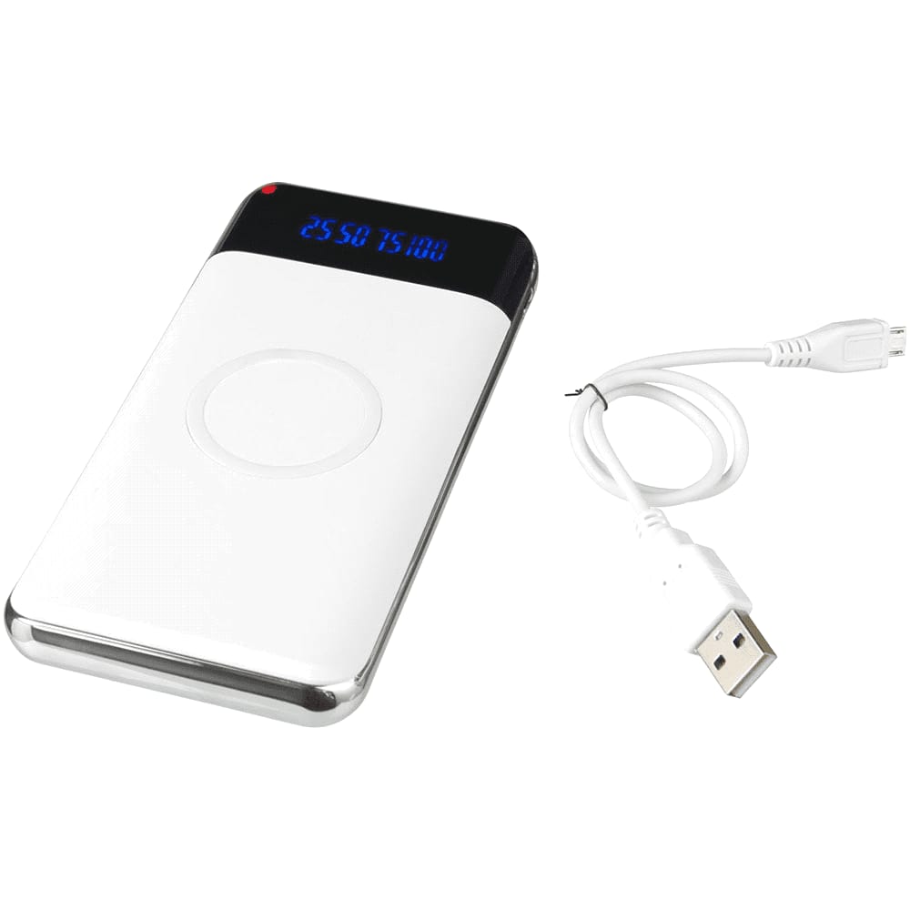 A white 10,000 mAh wireless power bank with a display and a USB charging cable.