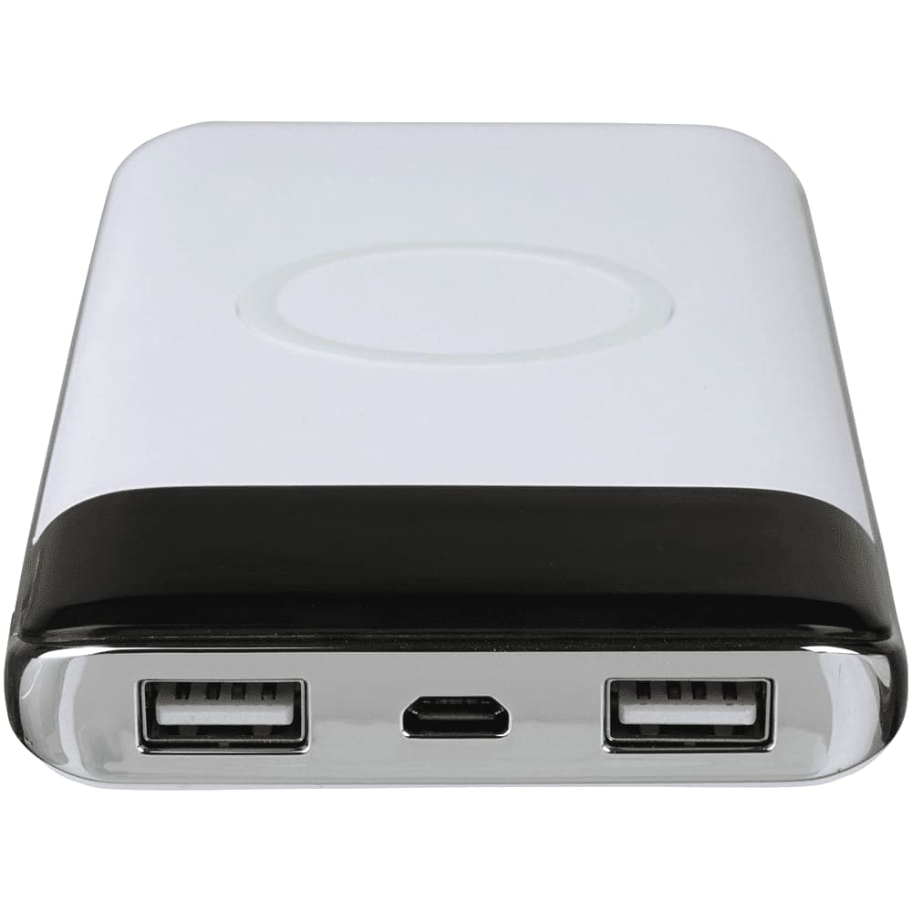 A sleek white and black wireless power bank featuring USB ports and a charging display. It has a logo on the surface.