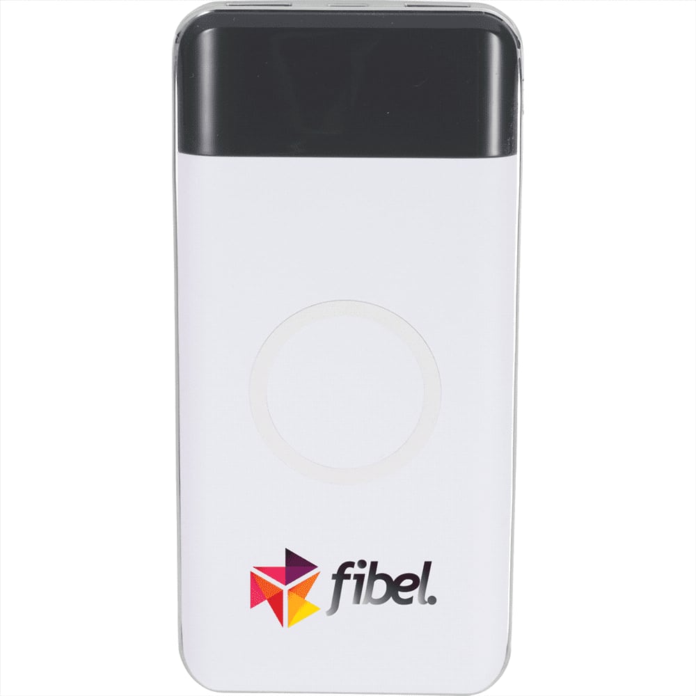 A white wireless power bank with a black top section and a logo, featuring a circular charging area.
