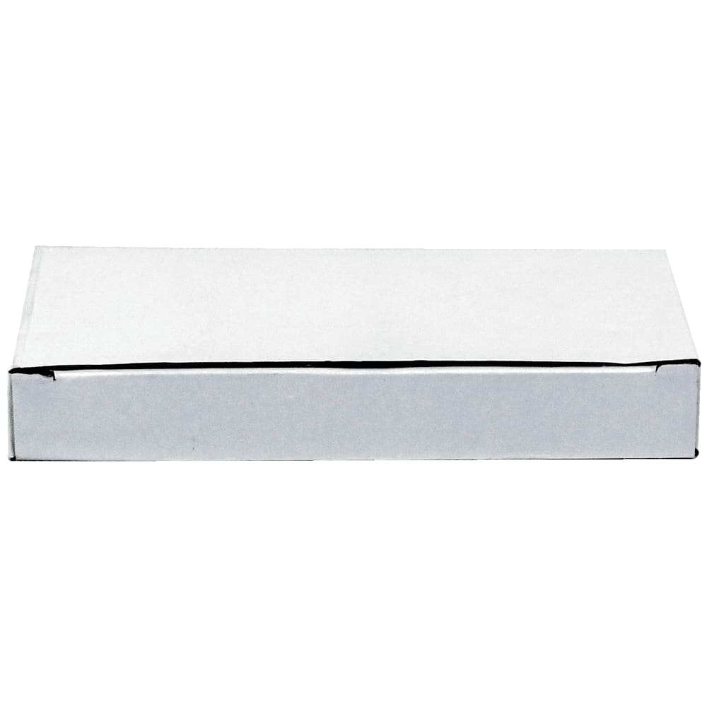 A plain white box with a slightly glossy finish, rectangular in shape, featuring a simple design.
