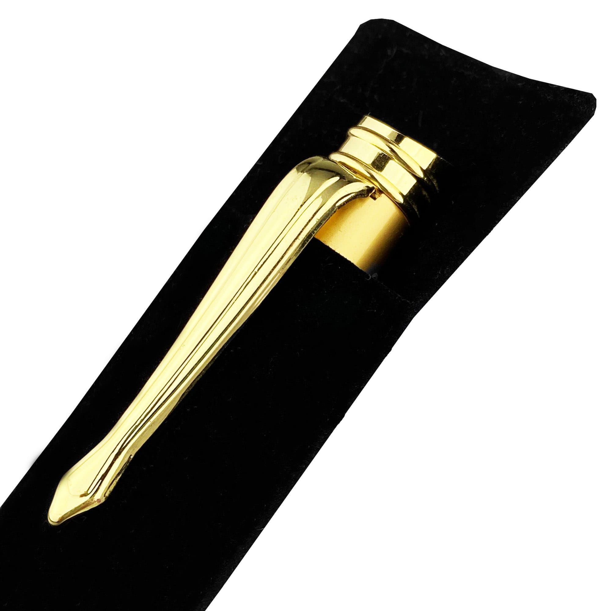 A black velvet pouch designed to hold a pen, featuring a subtle logo detail.