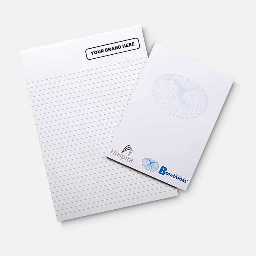 A4 notepad featuring 25 lined leaves, predominantly white with a blue logo and branding on the cover.