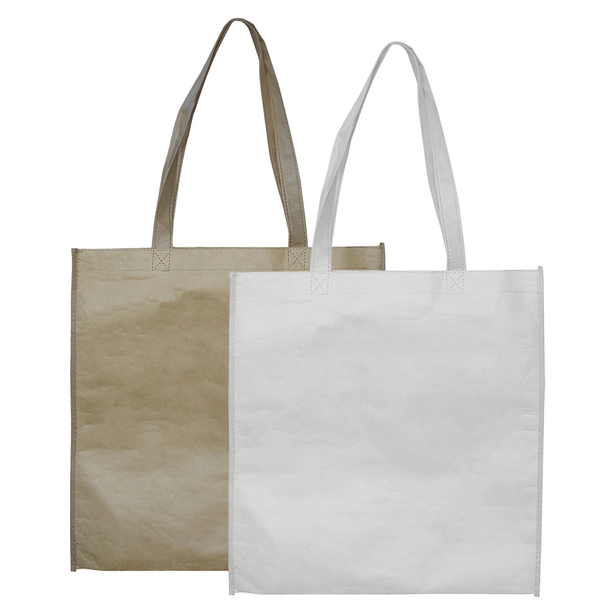 A paper bag without gussets, featuring one brown and one white bag with handles. Each bag has a logo.