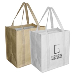 Two paper shopping bags in brown and white, each with handles and featuring a logo on the white bag.