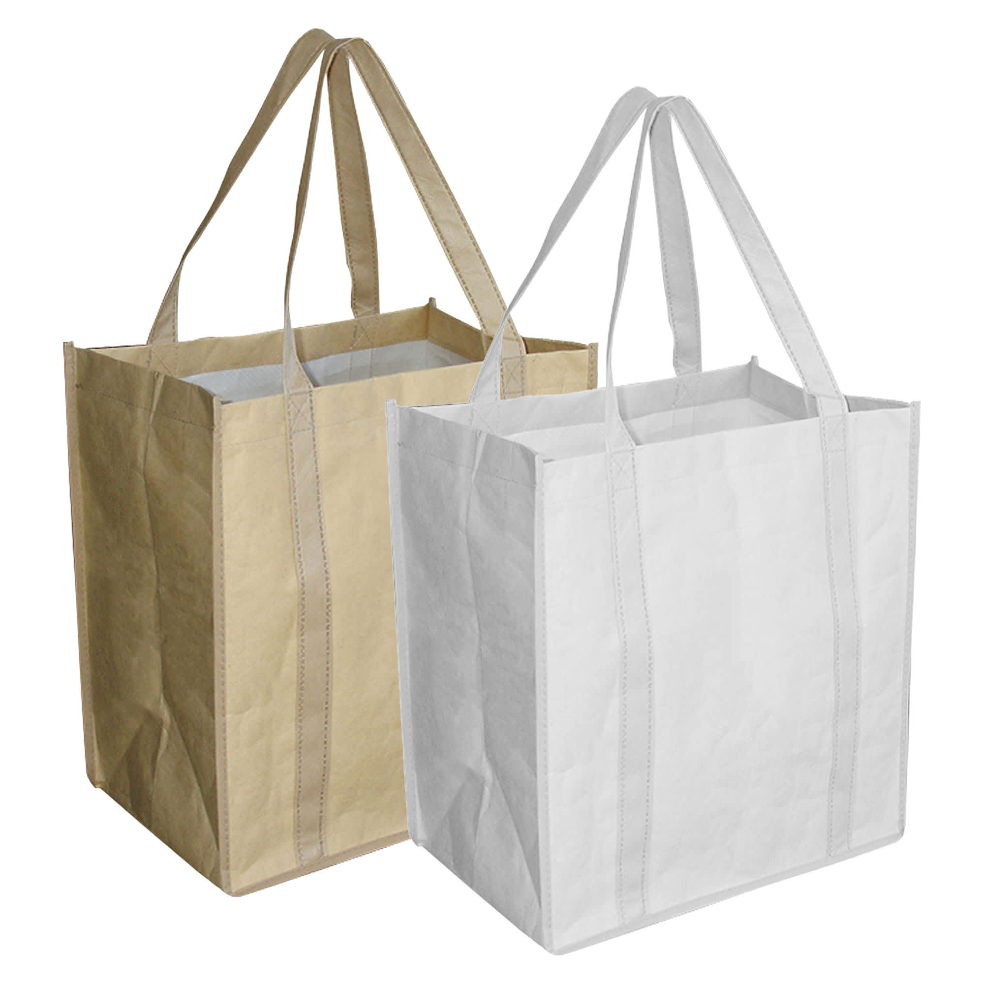 Two paper shopping bags are displayed: one in brown and one in white, each featuring sturdy handles.